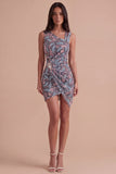 Black Bodycon Asymmetrical Neck Floral Ruched Short Cocktail Dress