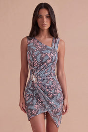 Black Bodycon Asymmetrical Neck Floral Ruched Short Cocktail Dress