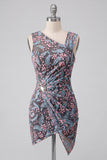 Black Bodycon Asymmetrical Neck Floral Ruched Short Cocktail Dress