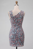 Black Bodycon Asymmetrical Neck Floral Ruched Short Cocktail Dress