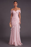 Light Pink Ruched Mermaid Ruffled Off the Shoulder Long Formal Dress