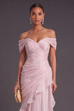 Light Pink Ruched Mermaid Ruffled Off the Shoulder Long Formal Dress