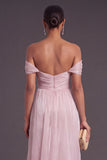 Light Pink Ruched Mermaid Ruffled Off the Shoulder Long Formal Dress