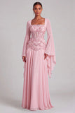 Light Pink Chiffon Square Neck A-Line Floral Long Formal Dress with Sleeves