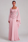 Light Pink Chiffon Square Neck A-Line Floral Long Formal Dress with Sleeves