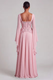 Light Pink Chiffon Square Neck A-Line Floral Long Formal Dress with Sleeves