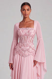 Light Pink Chiffon Square Neck A-Line Floral Long Formal Dress with Sleeves