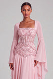Light Pink Chiffon Square Neck A-Line Floral Long Formal Dress with Sleeves