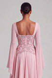 Light Pink Chiffon Square Neck A-Line Floral Long Formal Dress with Sleeves