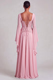 Light Pink Chiffon Square Neck A-Line Floral Long Formal Dress with Sleeves