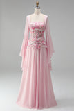 Light Pink Chiffon Square Neck A-Line Floral Long Formal Dress with Sleeves