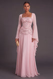 Light Pink Chiffon Square Neck A-Line Floral Long Formal Dress with Sleeves
