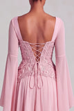 Light Pink Chiffon Square Neck A-Line Floral Long Formal Dress with Sleeves
