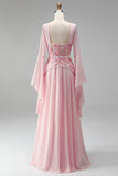 Light Pink Chiffon Square Neck A-Line Floral Long Formal Dress with Sleeves