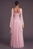 Light Pink Chiffon Square Neck A-Line Floral Long Formal Dress with Sleeves