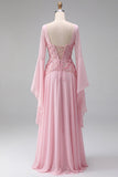 Light Pink Chiffon Square Neck A-Line Floral Long Formal Dress with Sleeves