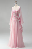 Light Pink Chiffon Square Neck A-Line Floral Long Formal Dress with Sleeves