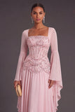 Light Pink Chiffon Square Neck A-Line Floral Long Formal Dress with Sleeves