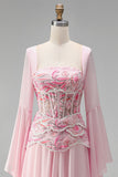 Light Pink Chiffon Square Neck A-Line Floral Long Formal Dress with Sleeves