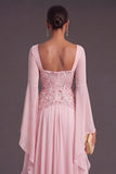 Light Pink Chiffon Square Neck A-Line Floral Long Formal Dress with Sleeves
