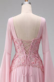 Light Pink Chiffon Square Neck A-Line Floral Long Formal Dress with Sleeves