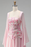 Light Pink Chiffon Square Neck A-Line Floral Long Formal Dress with Sleeves