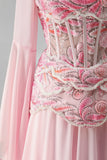 Light Pink Chiffon Square Neck A-Line Floral Long Formal Dress with Sleeves