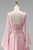Light Pink Chiffon Square Neck A-Line Floral Long Formal Dress with Sleeves