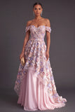 Pink Off the Shoulder Corset Floral A-Line Long Appliqued Formal Dress