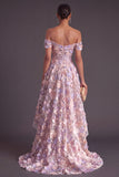 Pink Off the Shoulder Corset Floral A-Line Long Appliqued Formal Dress