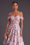 Pink Off the Shoulder Corset Floral A-Line Long Appliqued Formal Dress