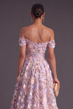 Pink Off the Shoulder Corset Floral A-Line Long Appliqued Formal Dress
