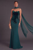 Dark Green Mermaid Corset Long Strapless Formal Dress with Neck Scarf