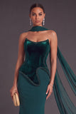 Dark Green Mermaid Corset Long Strapless Formal Dress with Neck Scarf