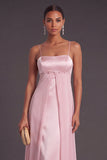 Light Pink Spaghetti Straps A-Line Long Formal Dress with Buttons
