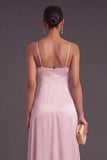 Light Pink Spaghetti Straps A-Line Long Formal Dress with Buttons