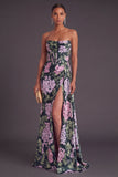 Dark Green Floral Corset Strapless A-Line Long Formal Dress with Slit