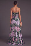 Dark Green Floral Corset Strapless A-Line Long Formal Dress with Slit