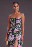 Dark Green Floral Corset Strapless A-Line Long Formal Dress with Slit