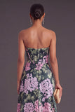 Dark Green Floral Corset Strapless A-Line Long Formal Dress with Slit