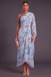 Dusty Blue One Shoulder Ruched Asymmetrical Formal Dress with 3D Flower