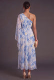 Dusty Blue One Shoulder Ruched Asymmetrical Formal Dress with 3D Flower
