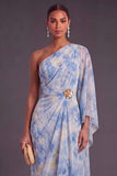 Dusty Blue One Shoulder Ruched Asymmetrical Formal Dress with 3D Flower