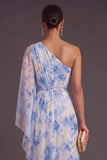 Dusty Blue One Shoulder Ruched Asymmetrical Formal Dress with 3D Flower