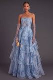 Dusty Blue Corset Strapless Ruffled Tiered A-Line Long Formal Dress