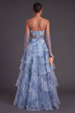 Dusty Blue Corset Strapless Ruffled Tiered A-Line Long Formal Dress