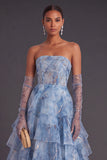 Dusty Blue Corset Strapless Ruffled Tiered A-Line Long Formal Dress