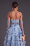 Dusty Blue Corset Strapless Ruffled Tiered A-Line Long Formal Dress