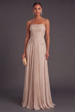 Champagne A-Line Strapless Ruched Long Formal Dress with Sash