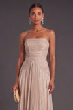 Champagne A-Line Strapless Ruched Long Formal Dress with Sash
